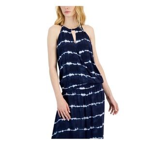 INC Womens Navy Sheer Keyhole Elastic Waist Tie Dye Sleeveless Halter Top L